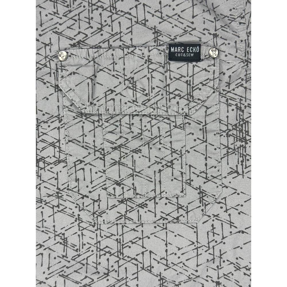 Marc‎ Ecko Shirt Mens M Gray Abstract Allover Print Chest Pocket Rolltab Sleeves - Picture 5 of 14